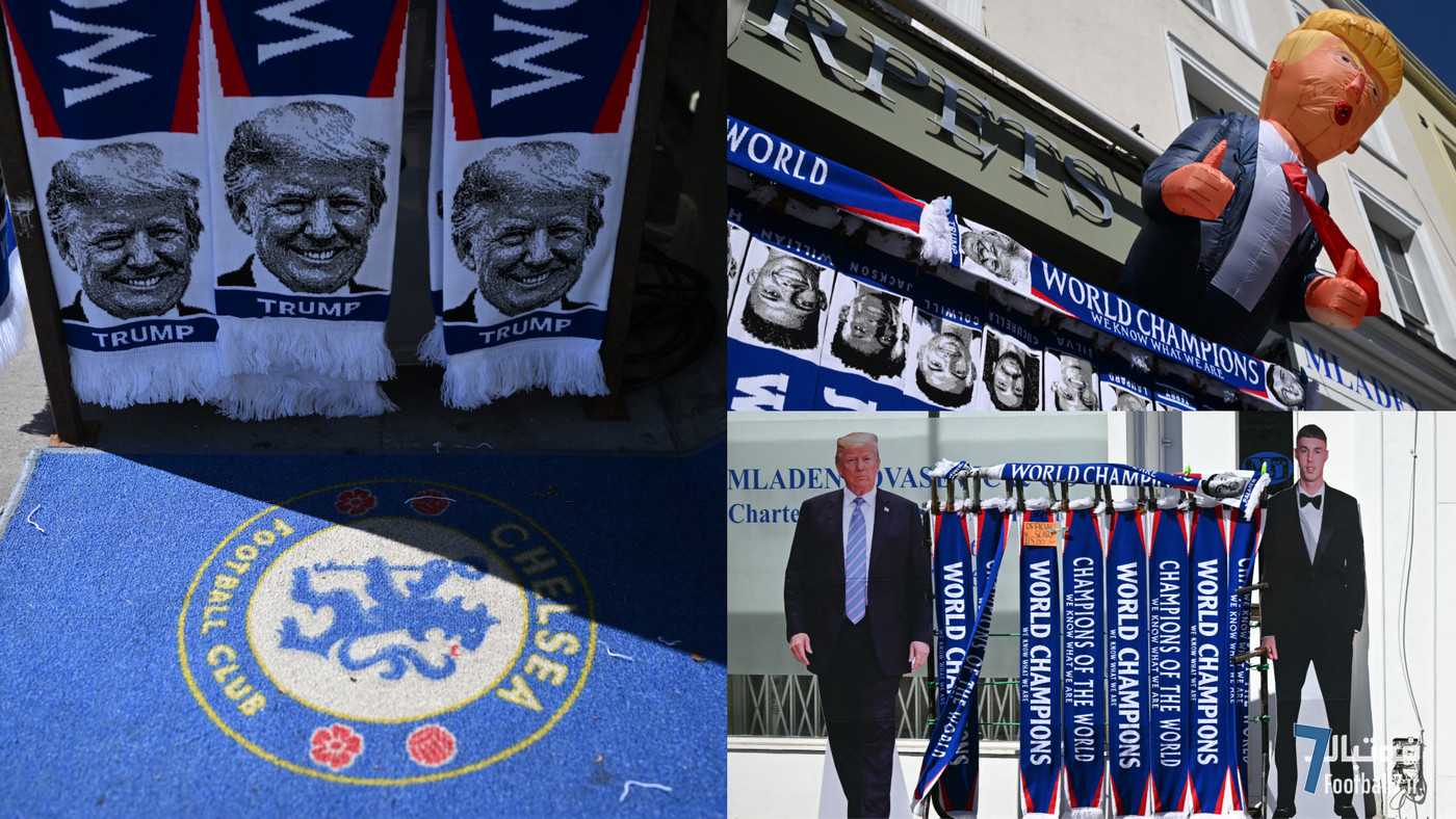 تب «ترامپ» چلسی را فرا گرفت؛ شال و مجسمه‌های مقوایی رئیس‌جمهور سابق آمریکا در استمفورد بریج پس از قهرمانی جام باشگاه‌های جهان!